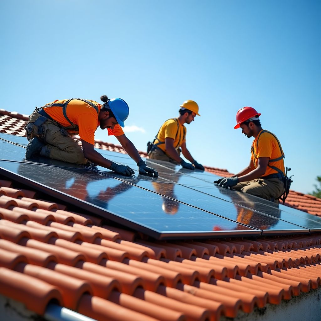 Instalação de painéis solares em telhado residencial