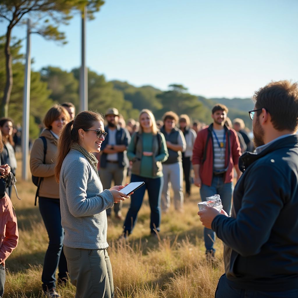 Evento comunitário sobre energia verde com participantes diversos