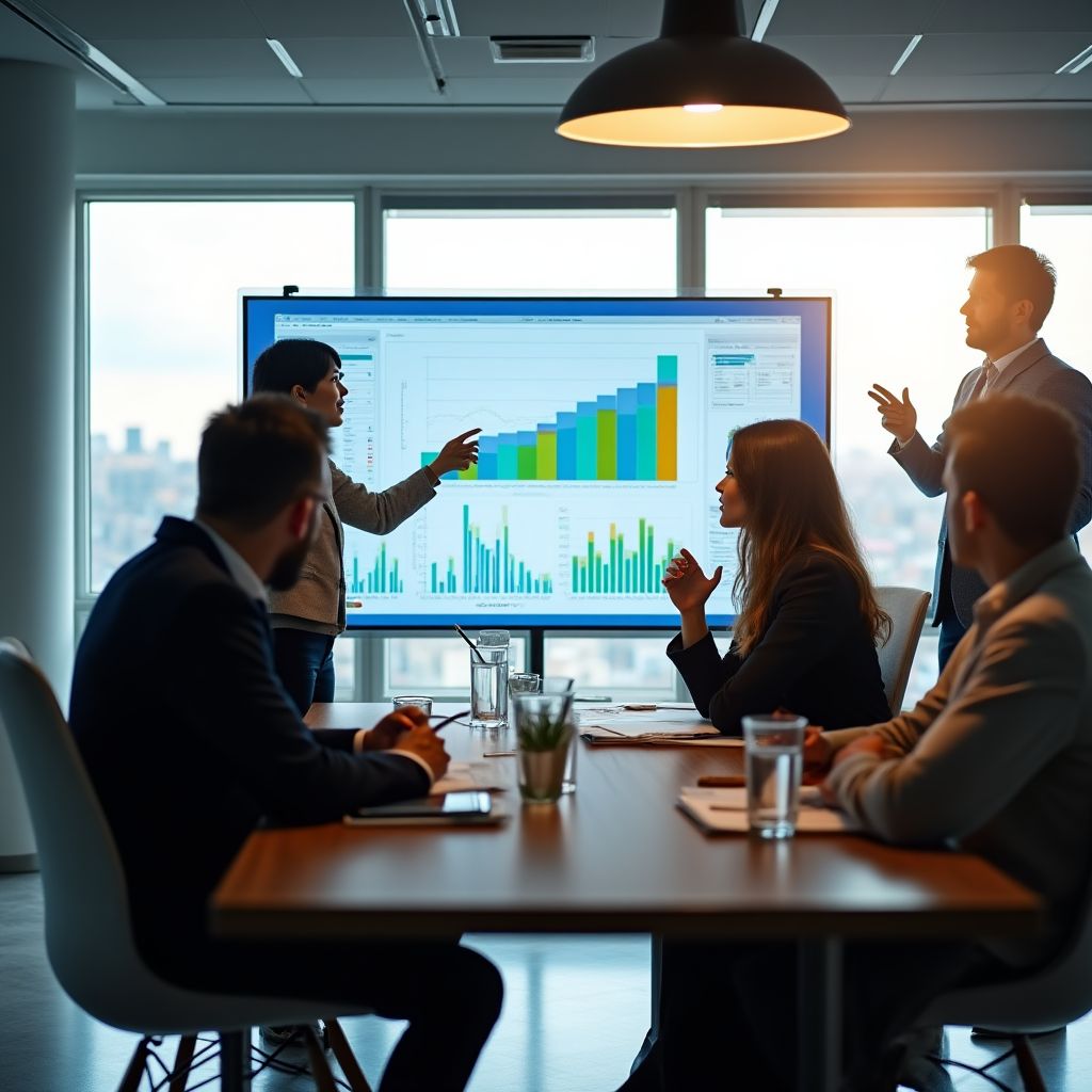 Consultores apresentando gráficos ESG a executivos