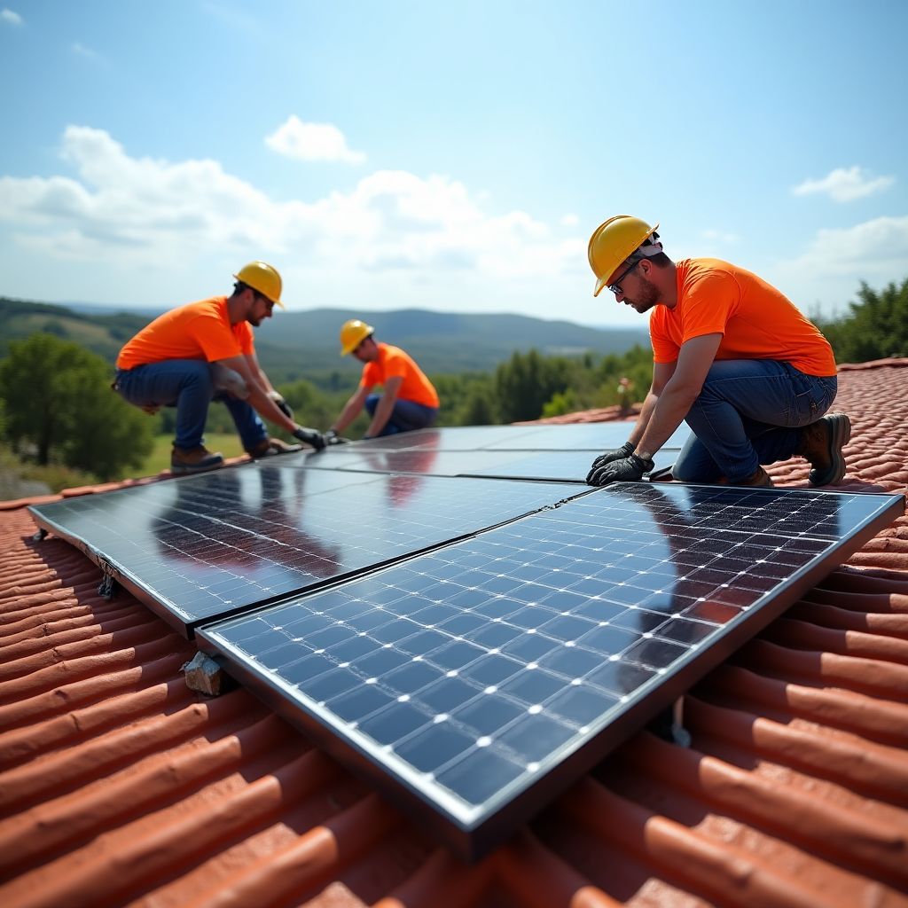 Instalação de painéis solares num telhado residencial